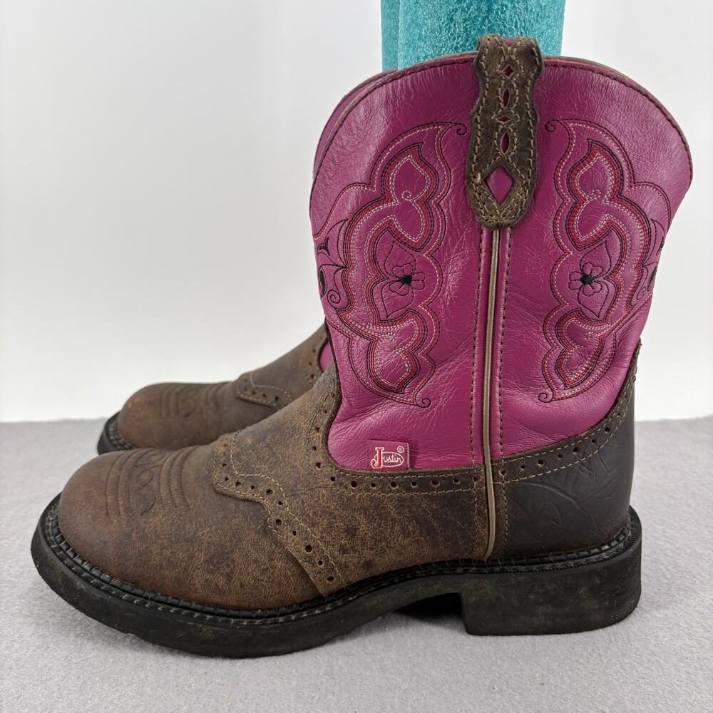 Justin Gypsy Pink Brown Leather Stockman Cowgirl Boots Size 10 B Style L9926